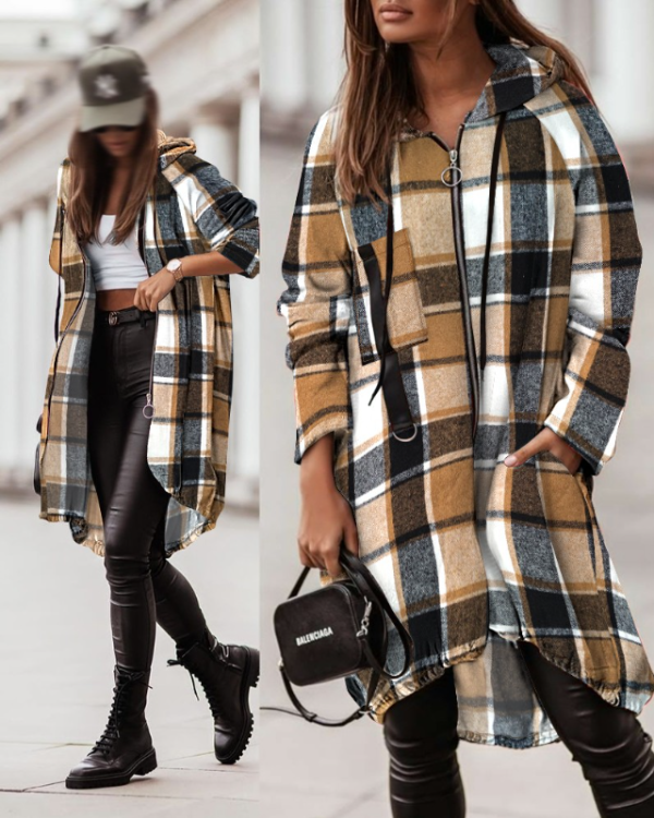 Ombeline | Manteau Long à Capuche Motif Carreaux