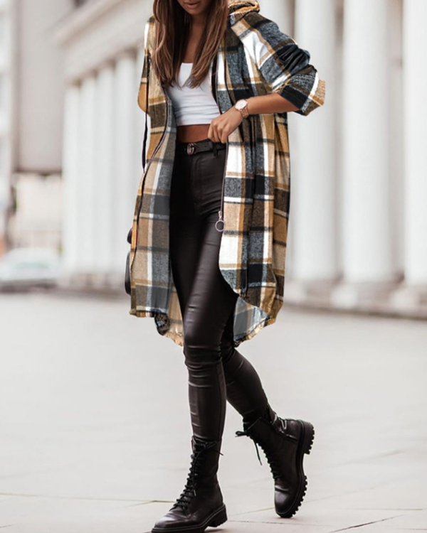 Ombeline | Manteau Long à Capuche Motif Carreaux