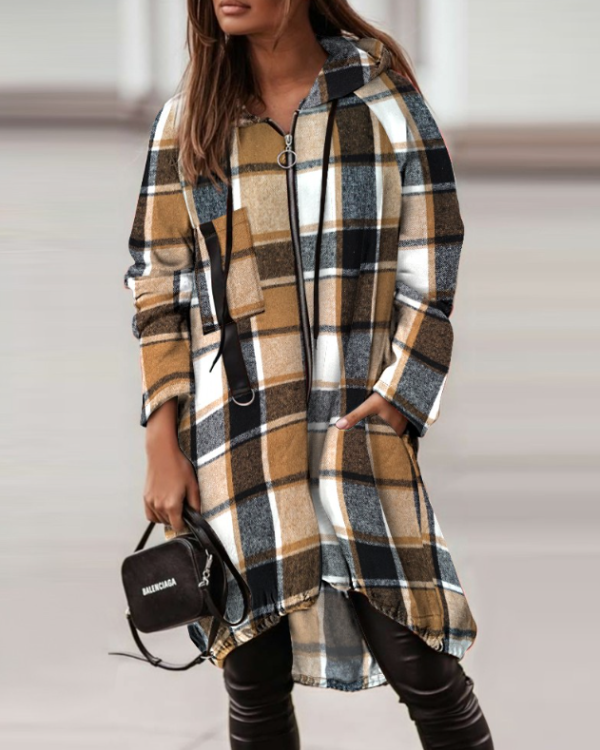 Ombeline | Manteau Long à Capuche Motif Carreaux