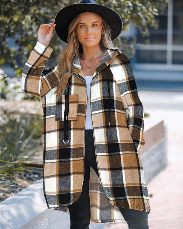 Ombeline | Manteau Long à Capuche Motif Carreaux